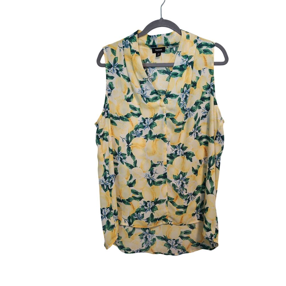 Tacera XL Lemon Floral Print Silky Sleeveless VNeck Button Blouse Country Club